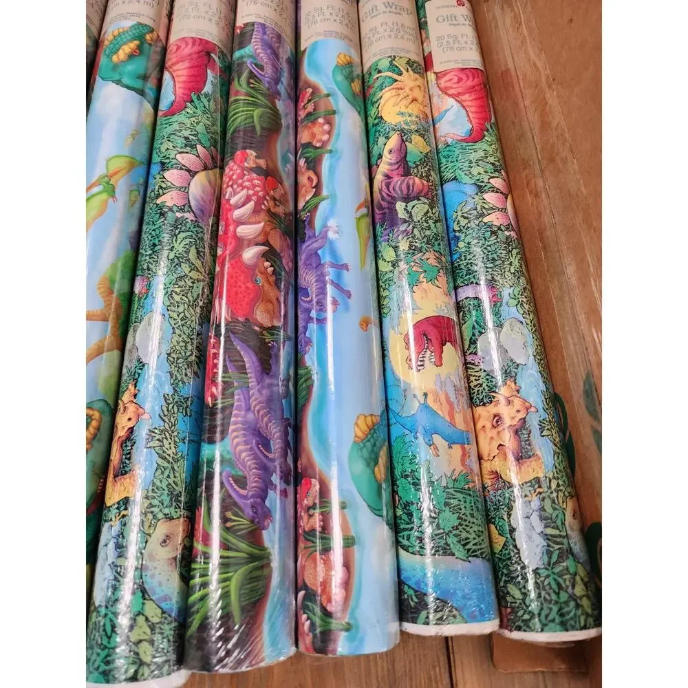 Vtg Lot 9 Dinosaur Roll Wrapping Paper American Greetings 20 Sq Ft Each